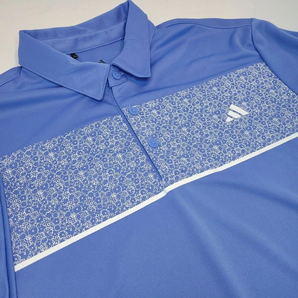adidas Golf Polo Mens Large Blue Excellent Floral Chest Print KD9363